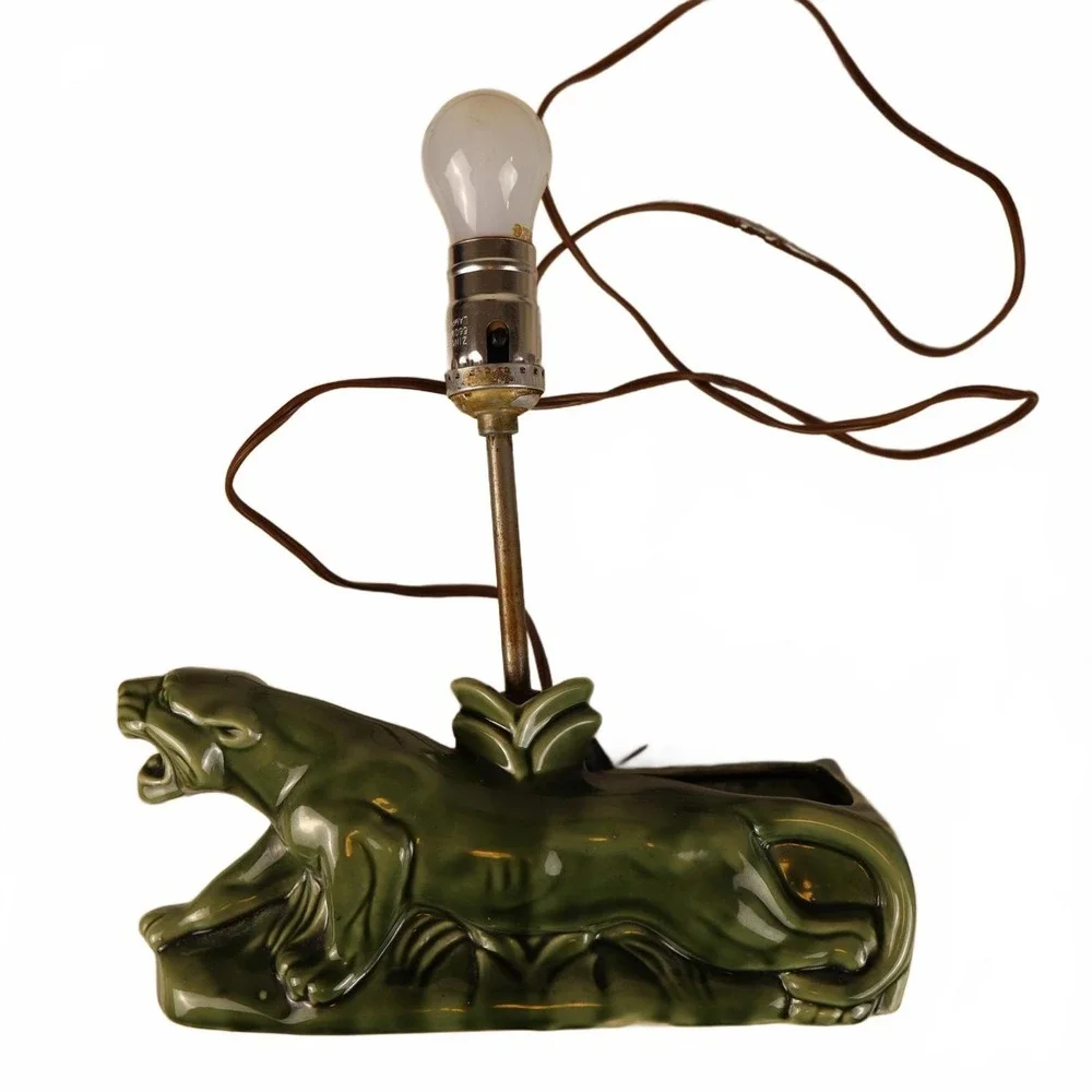 Vintage Green Panther Lamp MCM Ceramic Cougar‎ Planter/Lamp